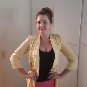 Chico's yellow drape jacket shimmer hem size 0